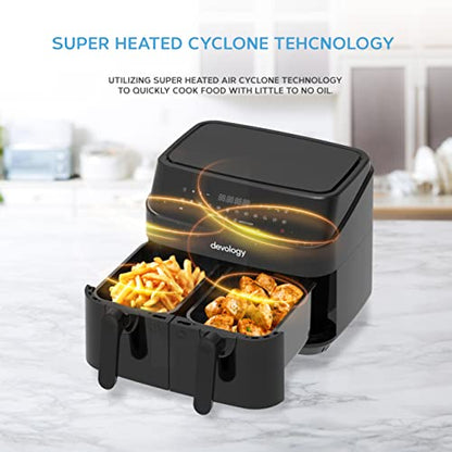 Devology Double Air Fryer, 9L, 2x4.5L Dual Zone