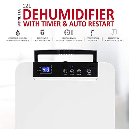 NETTA 12L/Day Low Energy Dehumidifier - Digital Control Panel