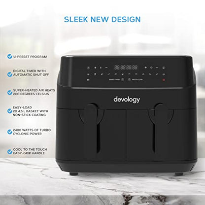 Devology Double Air Fryer, 9L, 2x4.5L Dual Zone