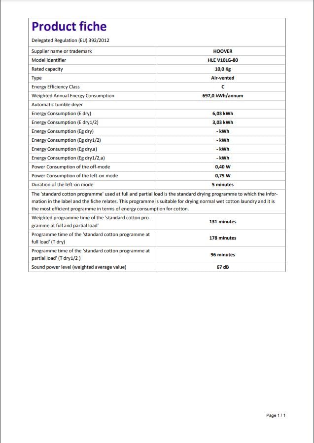 Hoover HLEV10LG Freestanding Vented Tumble Dryer