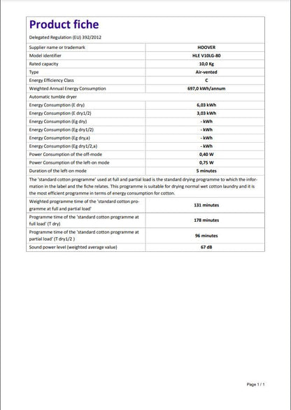 Hoover HLEV10LG Freestanding Vented Tumble Dryer