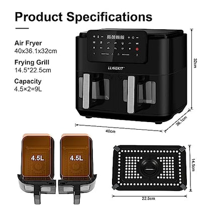 LLIVEKITDigital Dual Zone Oil Free Air Fryer 9L Large for Family