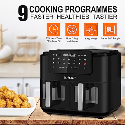 LLIVEKITDigital Dual Zone Oil Free Air Fryer 9L Large for Family