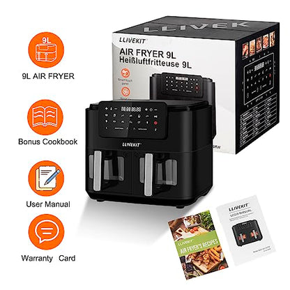 LLIVEKITDigital Dual Zone Oil Free Air Fryer 9L Large for Family