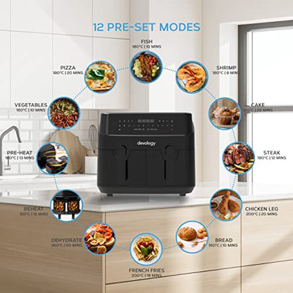 Devology Double Air Fryer, 9L, 2x4.5L Dual Zone