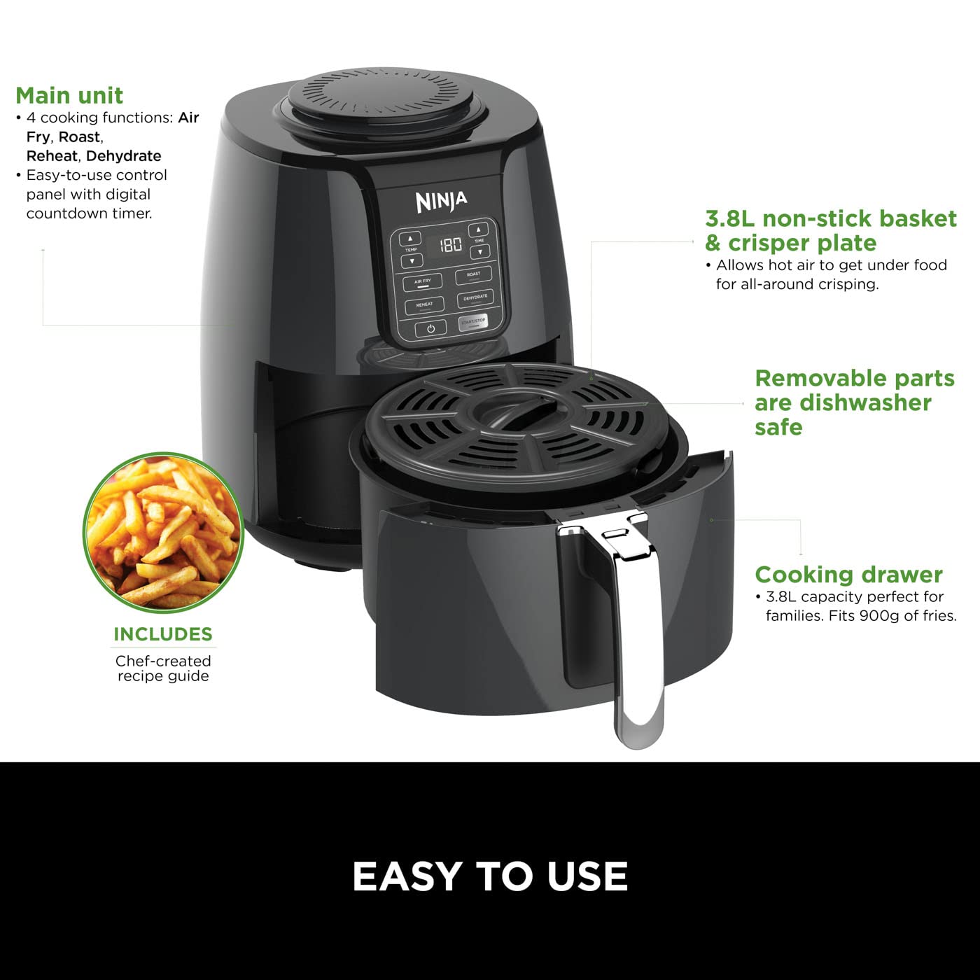 Ninja Air Fryer, 3.8 L, ‎1550 W, 4-in-1, Uses No Oil